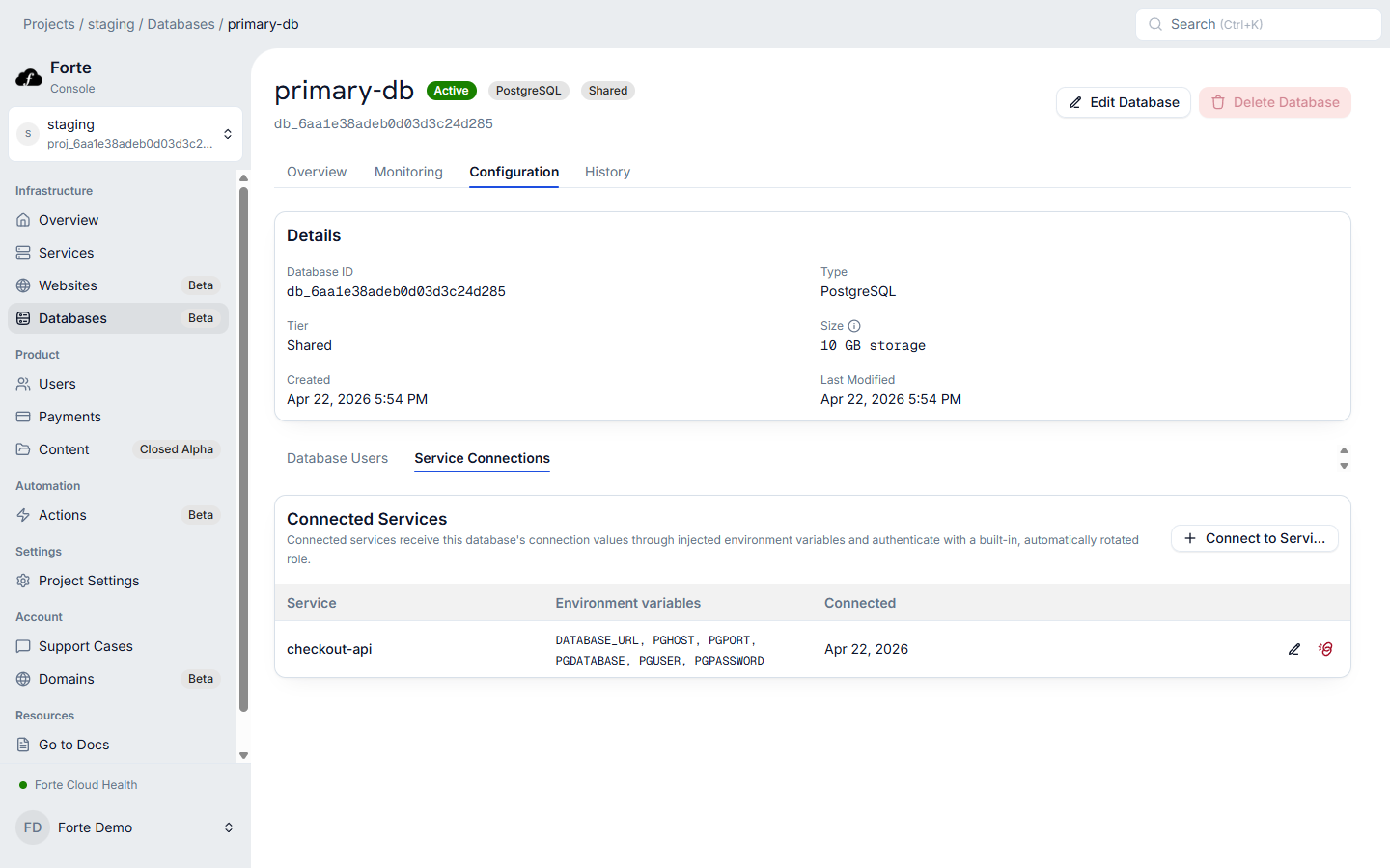 Forte managed PostgreSQL database detail showing the checkout-api Service connected to it, with the injected environment variable names (DATABASE_URL, PGHOST, PGUSER, PGPASSWORD) and no credential values exposed.