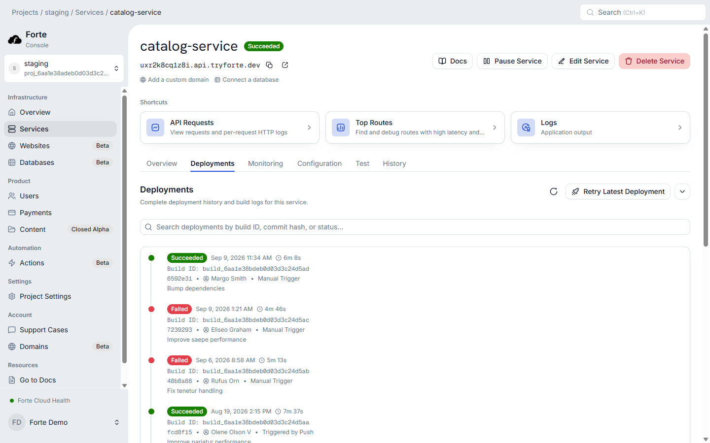 Forte Service deployment history listing several releases with their succeeded or failed status, timestamps, durations, commit hashes, authors, and triggers.