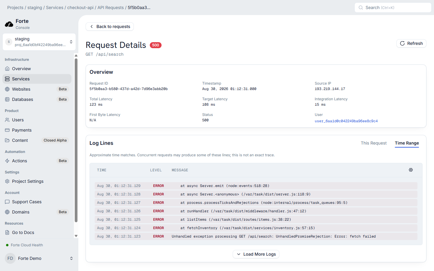 Forte request detail for a failed GET /api/search call, showing a 500 status, the request ID, the latency breakdown, and correlated application error log lines with a stack trace.